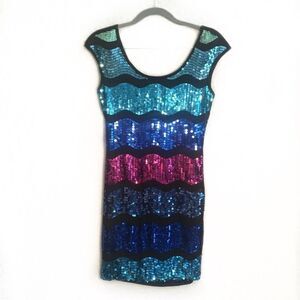 Forever 21 Wave Striped Sequin Sleeveless Mini Party Dress Small Blue Pink Tank